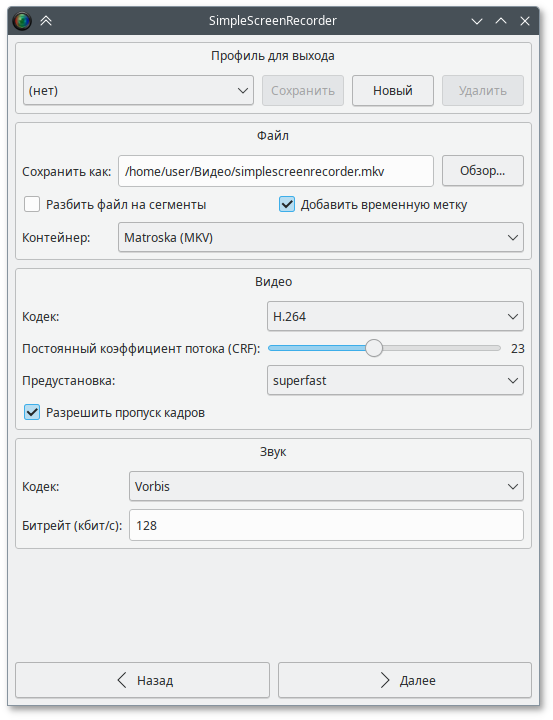 Окно настроек SimpleScreenRecorder (output)
