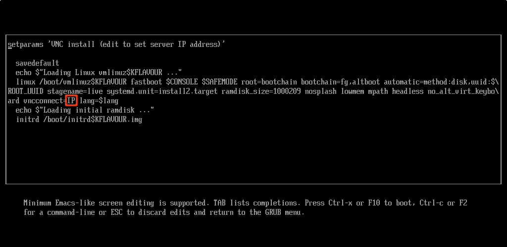 Параметры установки по VNC (в сторону VNC-сервера)
