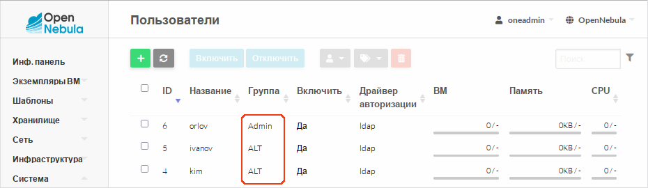Сопоставление групп AD с группами OpenNebula