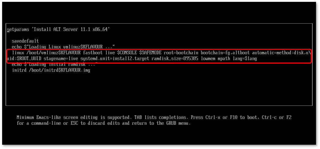 Редактор параметров пункта загрузки «Install ALT Server 11.1»