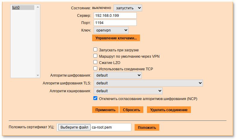 Настройки OpenVPN-соединения