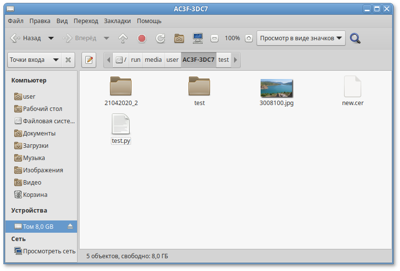 Содержимое USB-накопителя в окне Caja