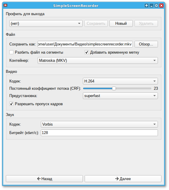 Окно настроек SimpleScreenRecorder (output)