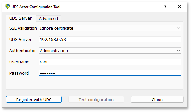 UDSActorConfig for Microsoft Windows. Вкладка «UDS Server»