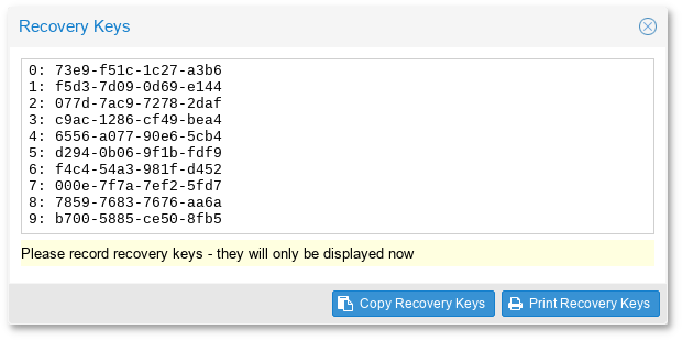 PBS. Настройка аутентификации Recovery Keys