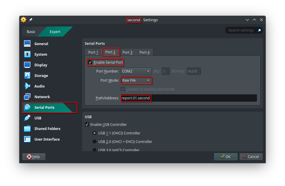 Настройка COM-соединения для передачи отчётов на ВМ second