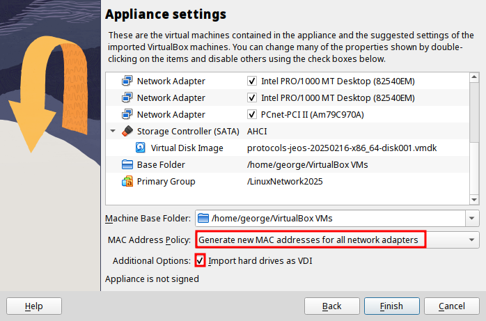 Настройки параметров импорта образа