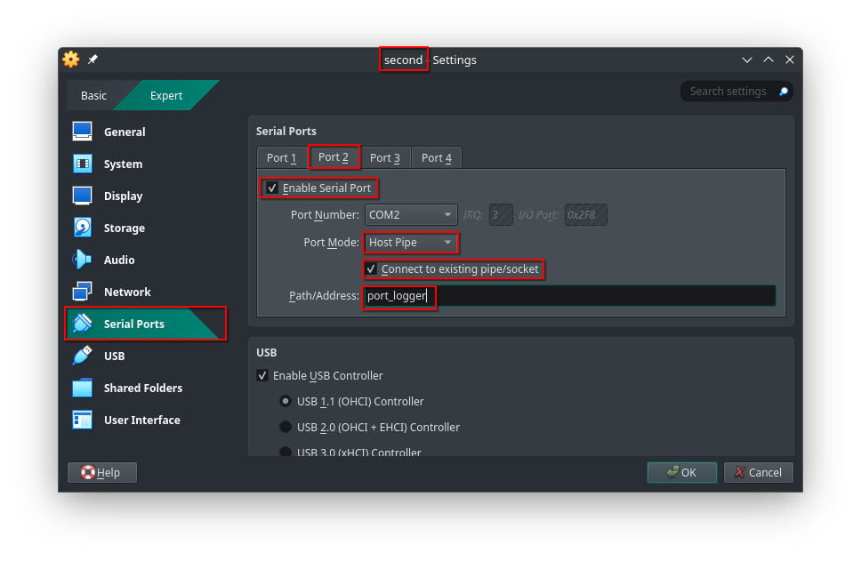 Настройка COM-соединения на ВМ second