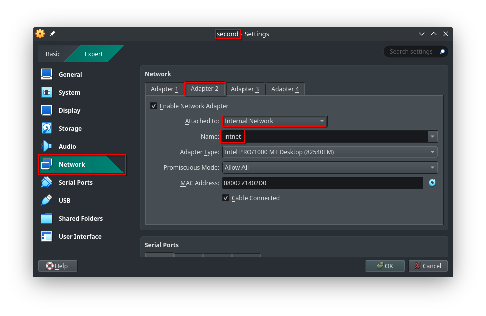 Настройка сетевого соединения на ВМ second