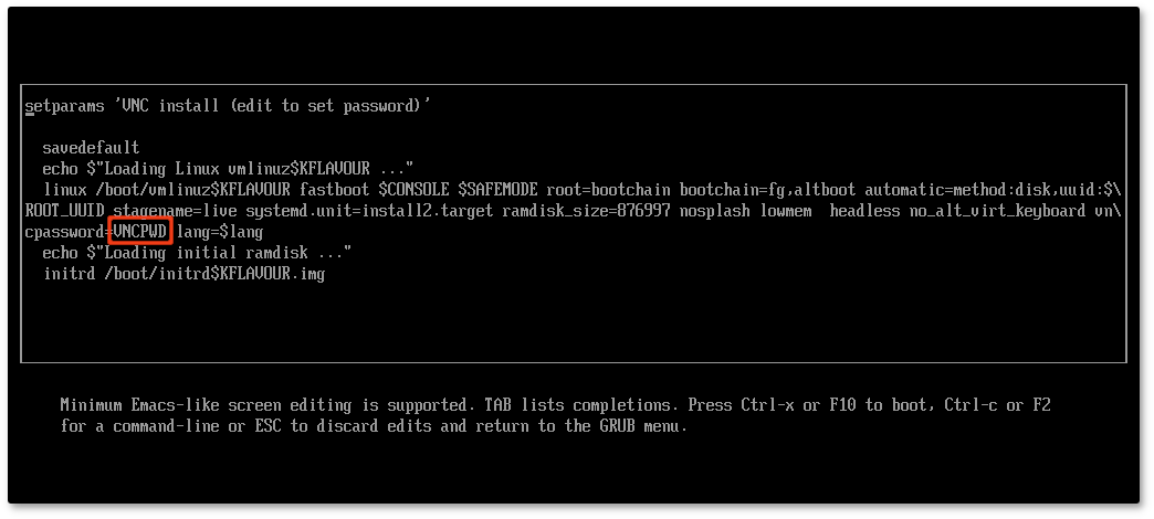 Параметры установки по VNC